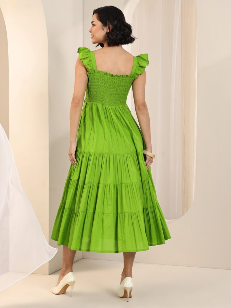 Green Solid Cotton Fit and Flare One Piece Dress - Image 8