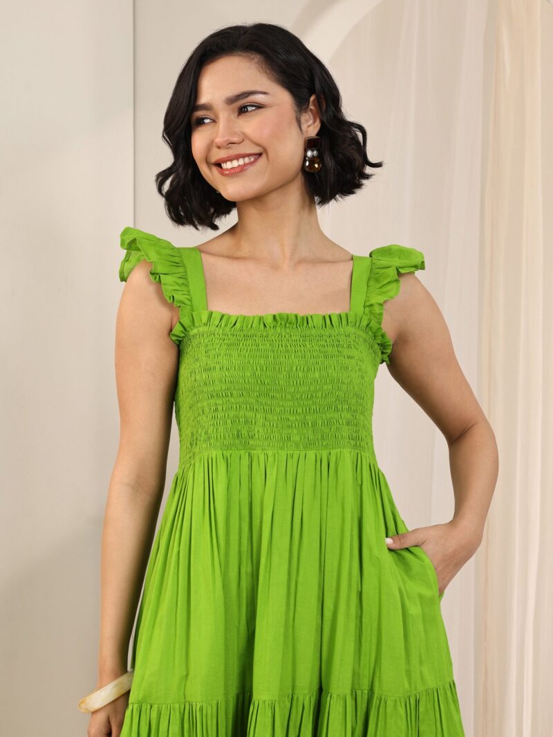 Green Solid Cotton Fit and Flare One Piece Dress - Image 10