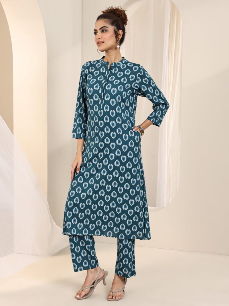 Teal Printed Rayon Straight Kurta Set - Image 8