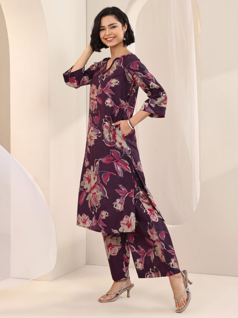 Burgundy Printed Silk Blend Straight Kurta Set - Image 9