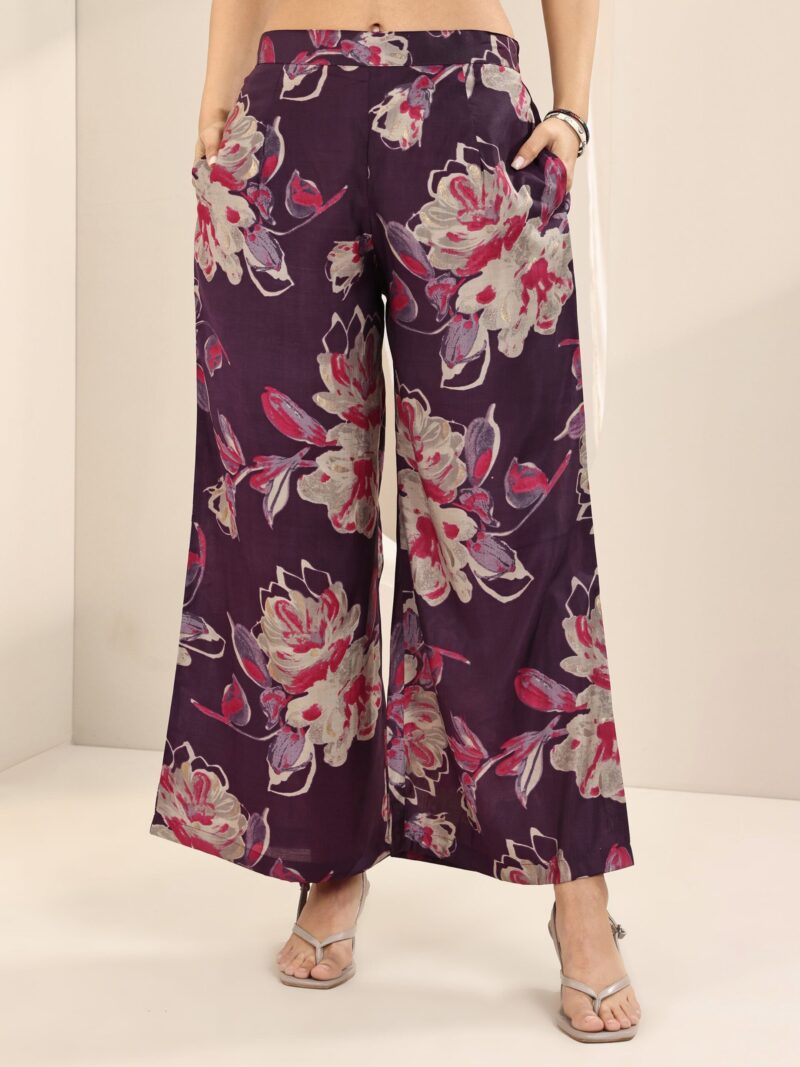 Burgundy Printed Silk Blend Straight Kurta Set - Image 12