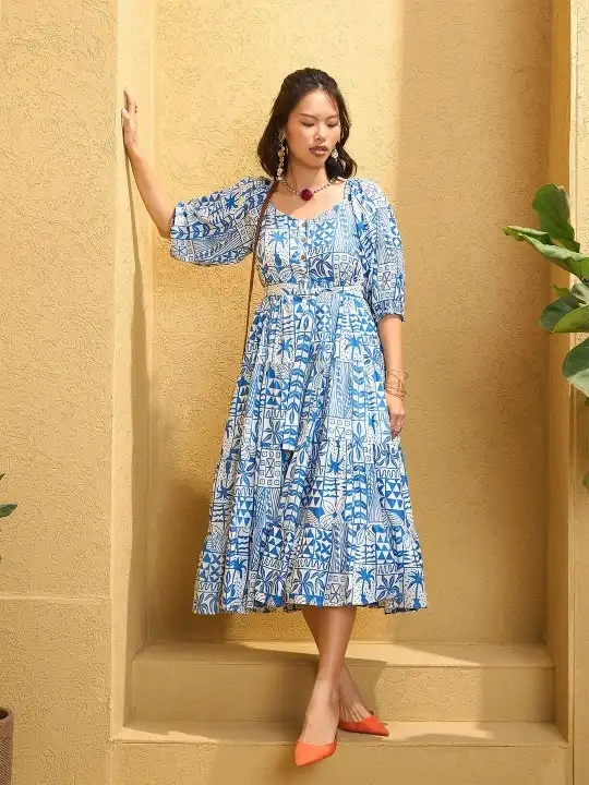 Blue & White Floral Flared Midi Dress