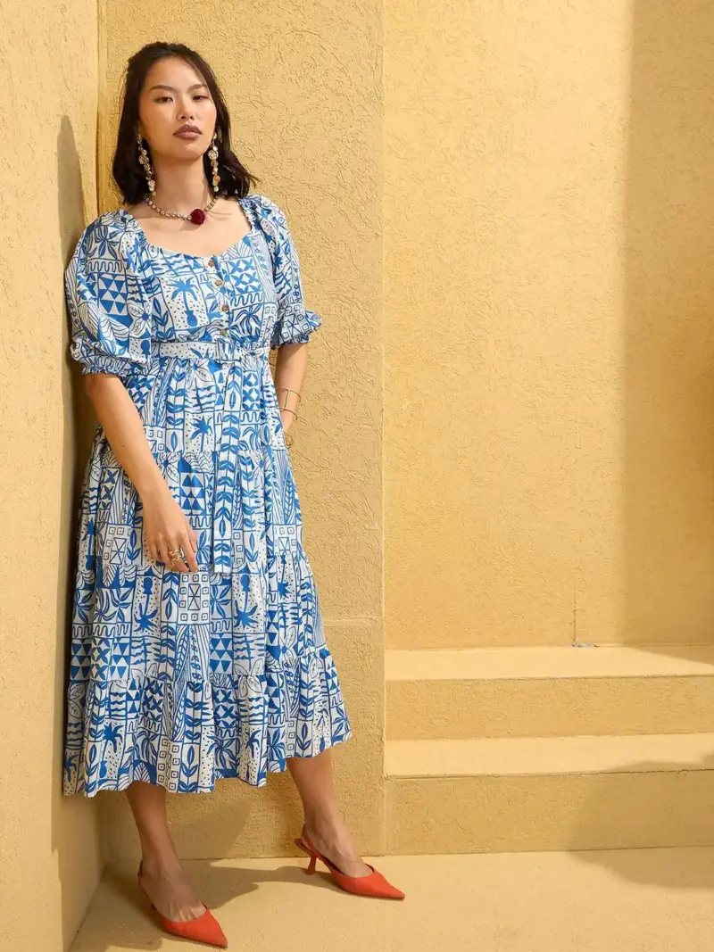 Blue & White Floral Flared Midi Dress - Image 10