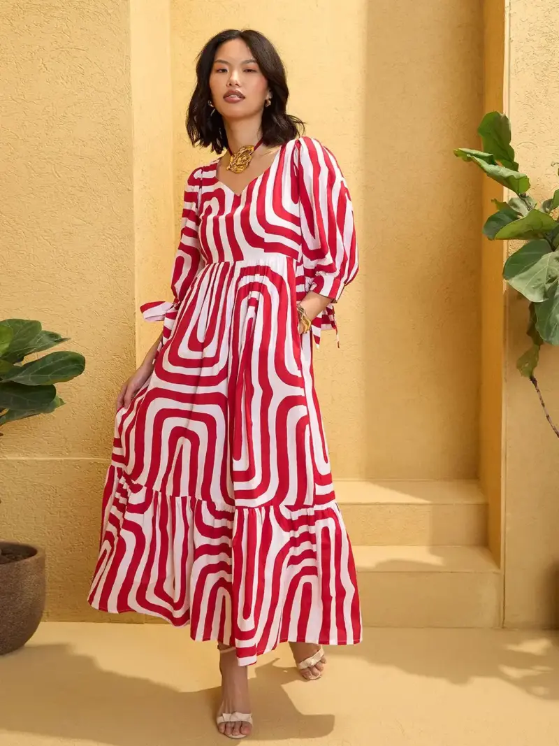 Red & White Back Cut-out Knot Maxi Dress - Image 9