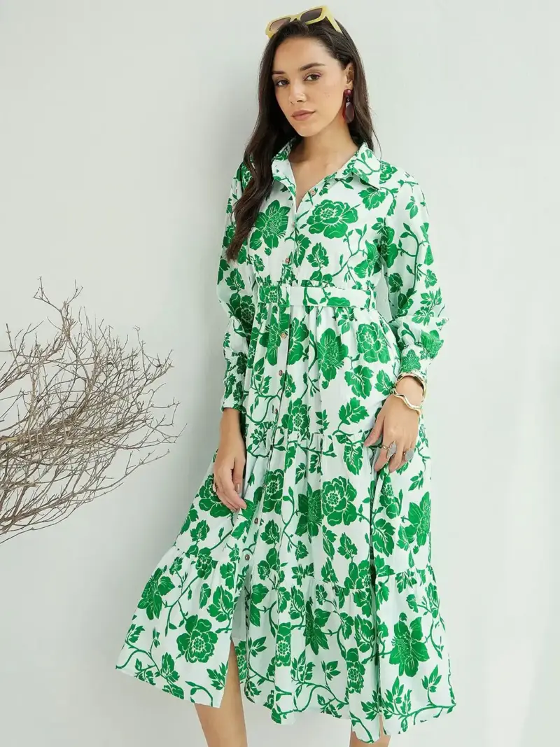 White & Green Floral FrontButton Midi Dress - Image 7