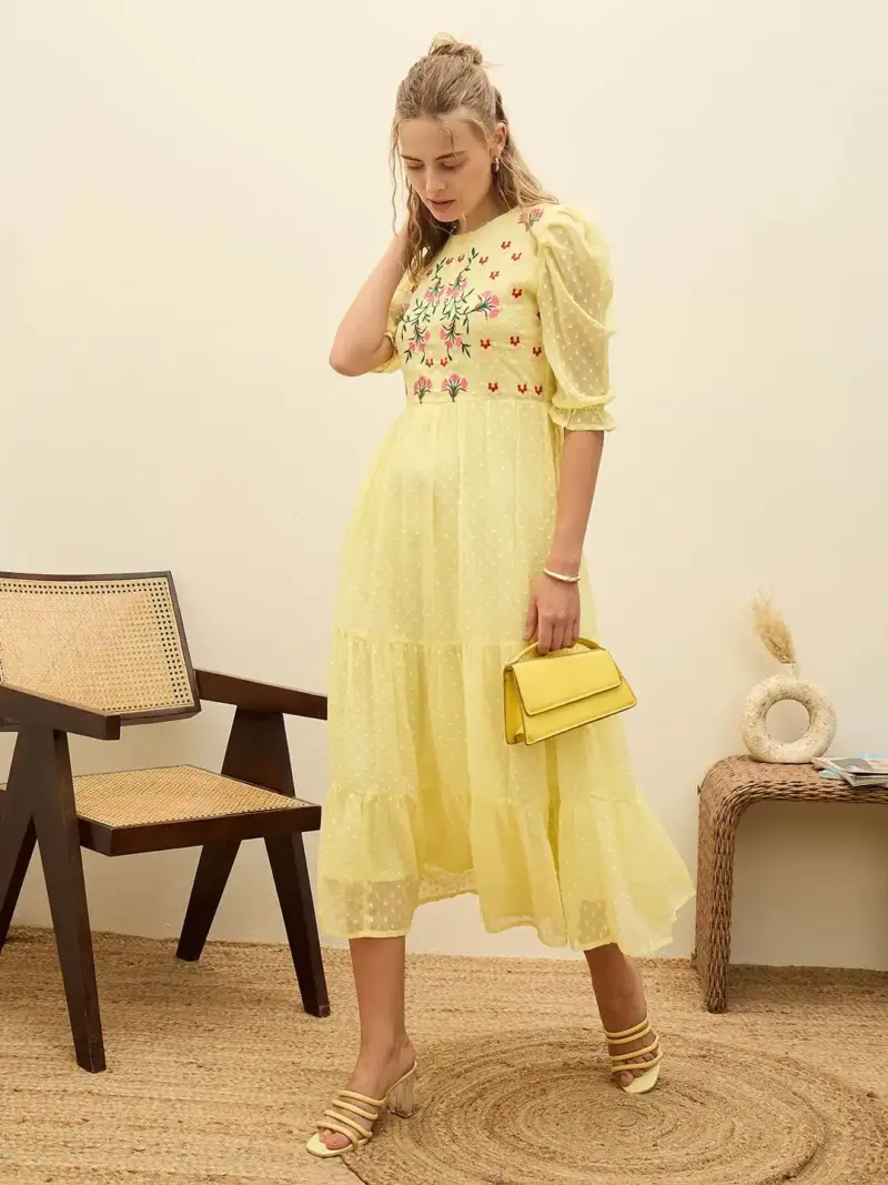 Yellow Dobby Tiered Midi Dress - Image 12