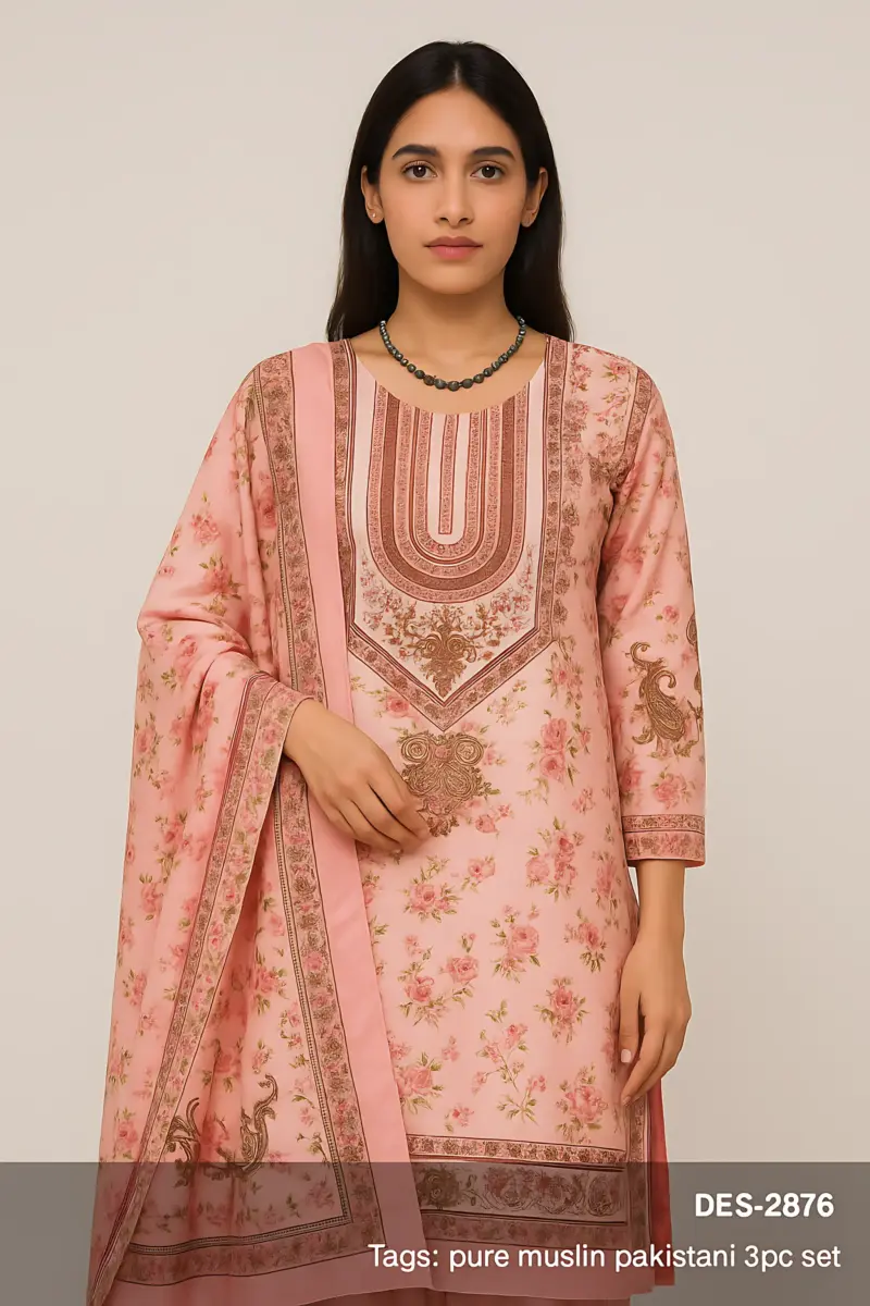 Pink Pure Muslin Pakistani Suit 3 piece set