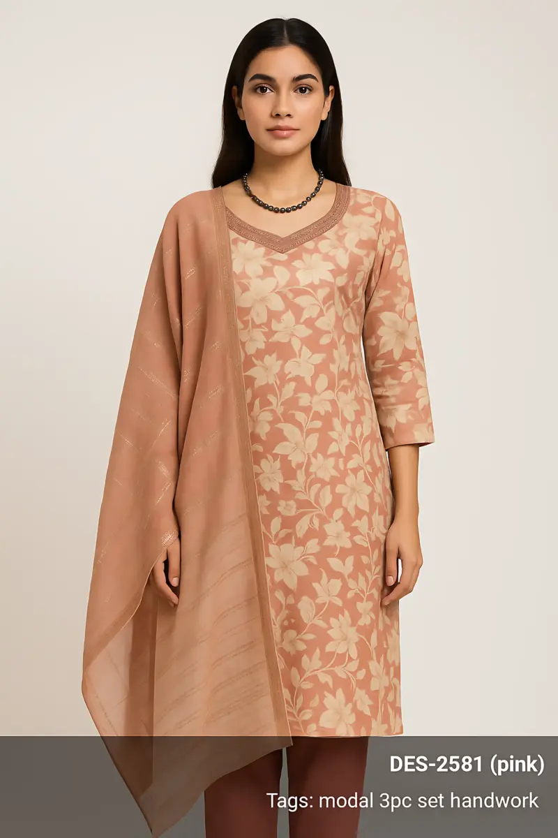 Pink 3 piece set Modal with Handwork - Image 6