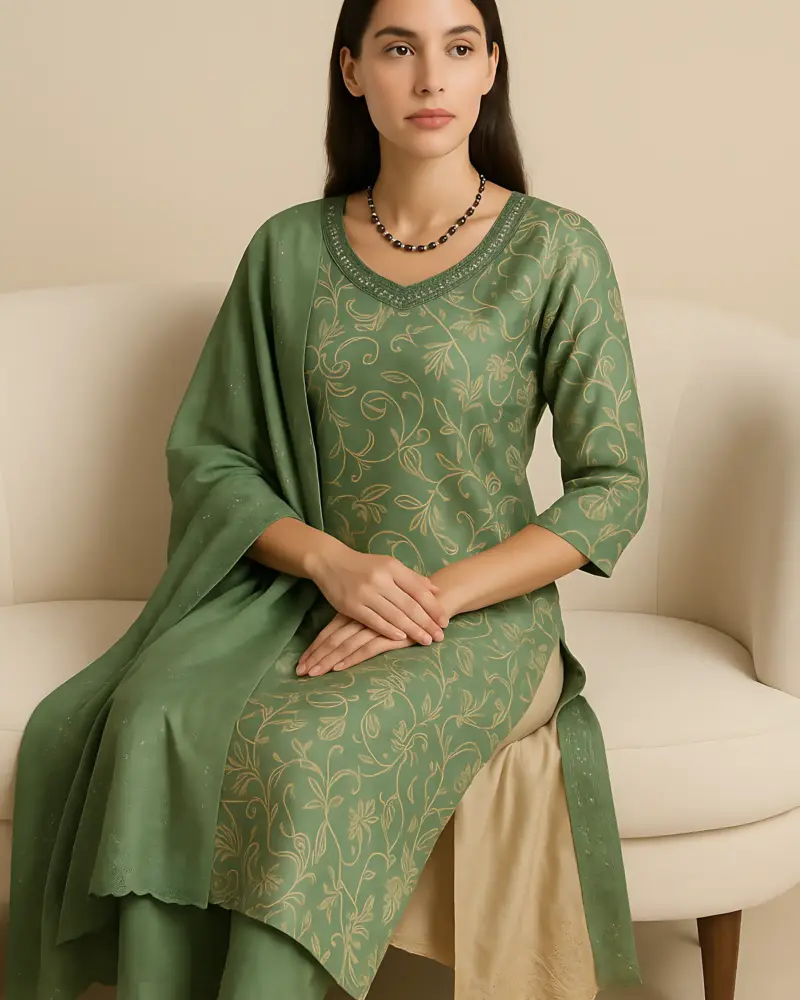 Green Vatican print 3 piece set cutwork dupatta