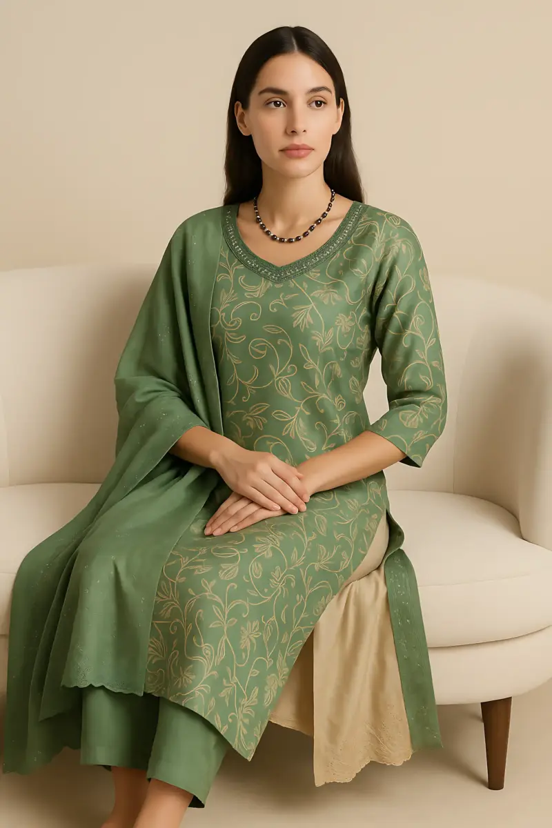 Green Vatican print 3 piece set cutwork dupatta