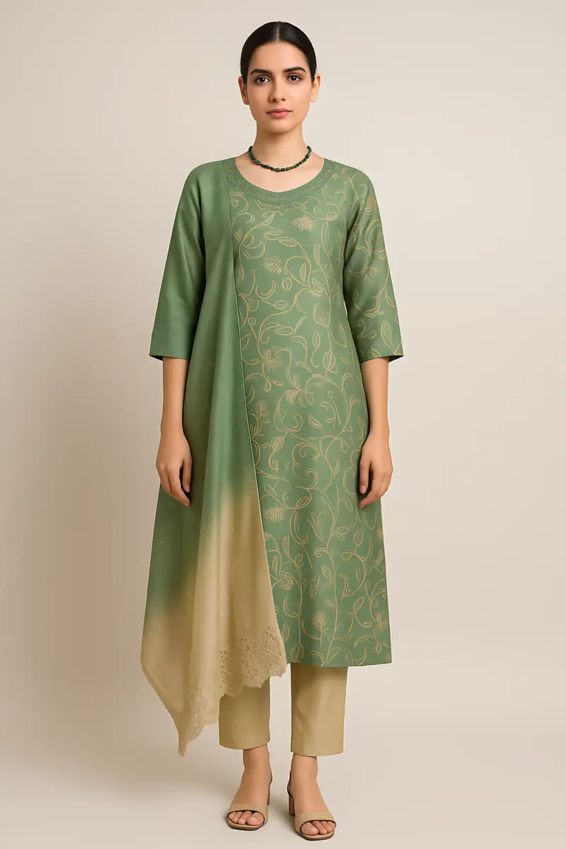 Green Vatican print 3 piece set cutwork dupatta - Image 6