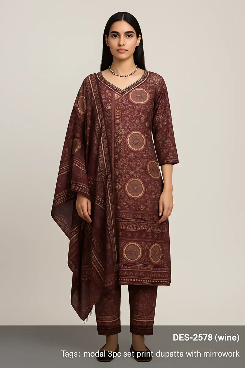 Wine Vatican print 3 piece set cutwork dupatta - Image 6