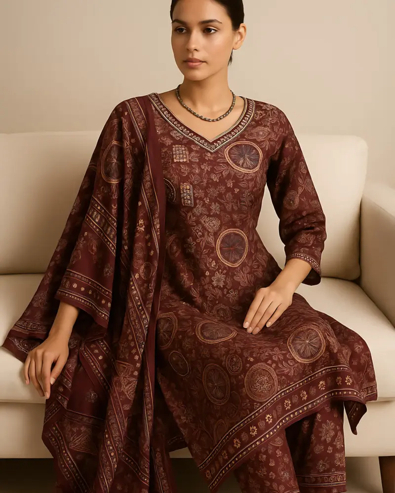 Wine Vatican print 3 piece set cutwork dupatta