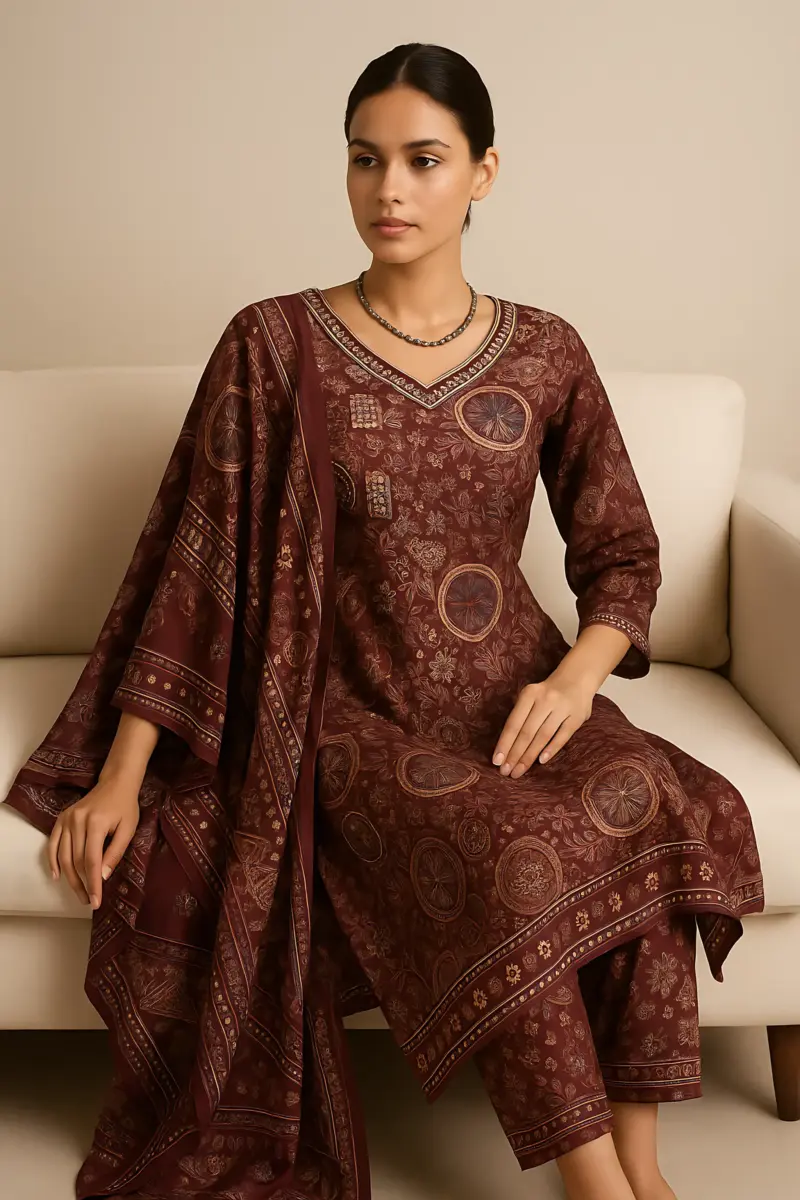 Wine Vatican print 3 piece set cutwork dupatta