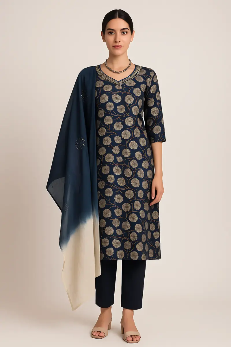 Blue Vatican print 3 piece set cutwork dupatta - Image 6