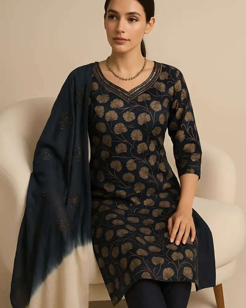 Blue Vatican print 3 piece set cutwork dupatta