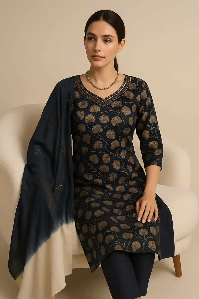 Blue Vatican print 3 piece set cutwork dupatta