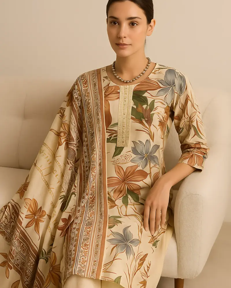 Cream Color Modal Print to Pritn Dupatta 3 piece Set