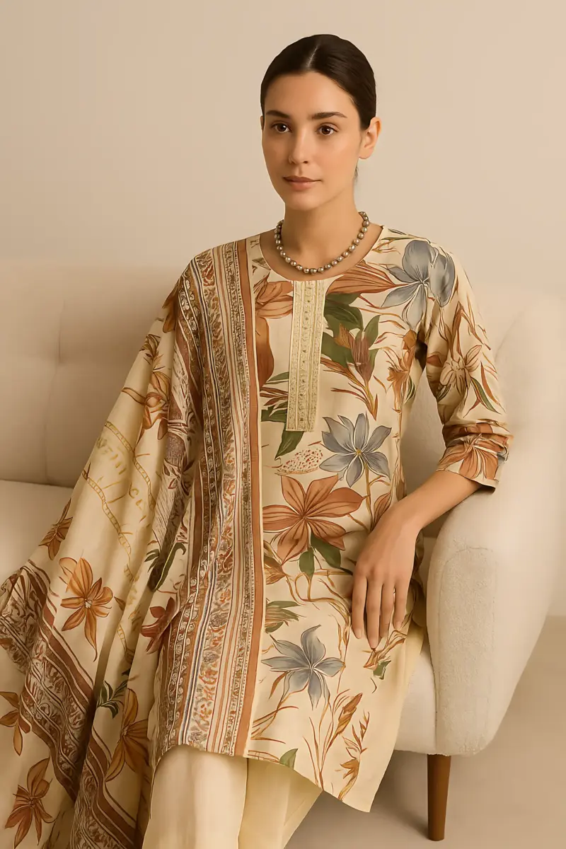 Cream Color Modal Print to Pritn Dupatta 3 piece Set