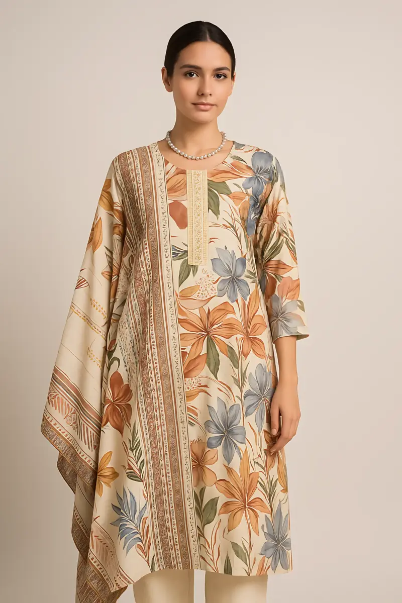 Cream Color Modal Print to Pritn Dupatta 3 piece Set - Image 6