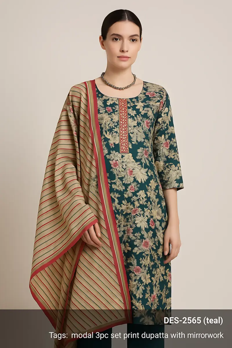 Teal color Modal 3 piece set print dupatta with mirrorwork - Image 7