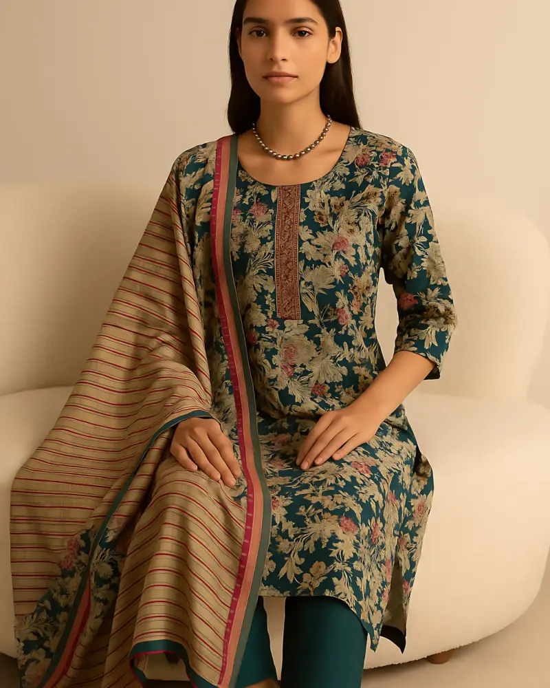 Teal color Modal 3 piece set print dupatta with mirrorwork