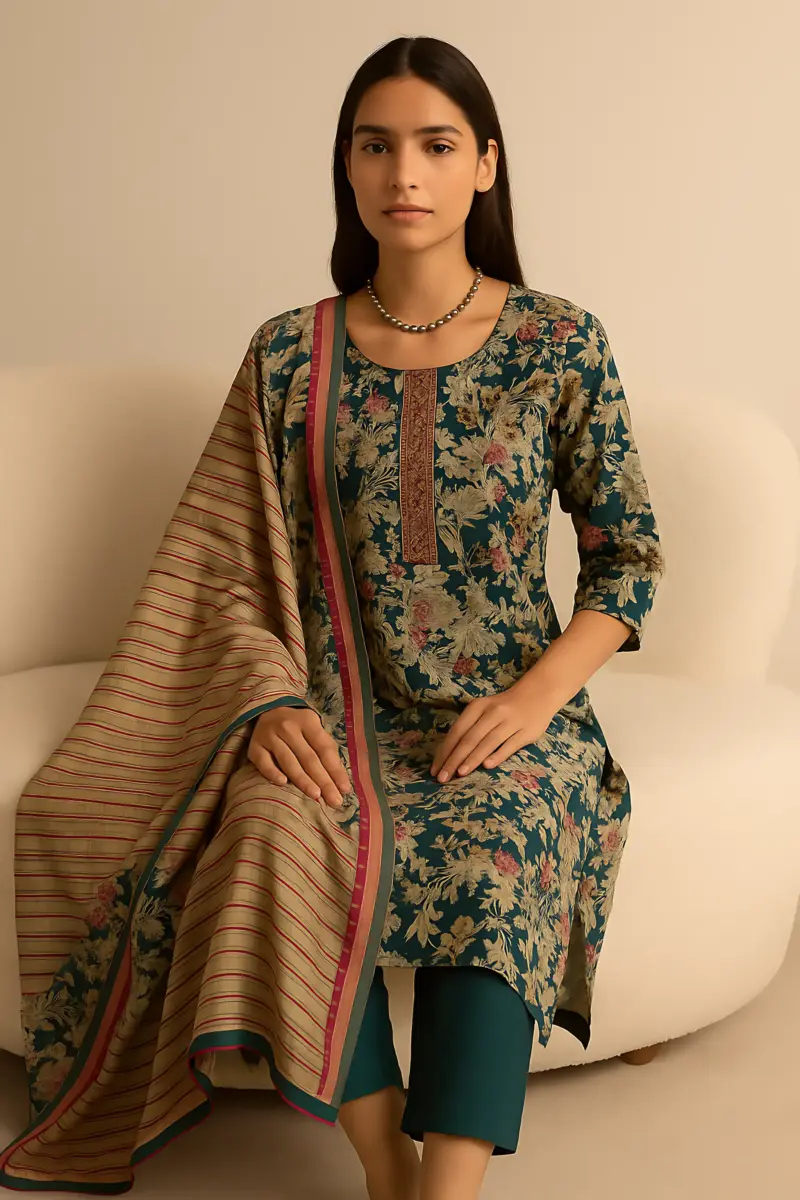 Teal color Modal 3 piece set print dupatta with mirrorwork