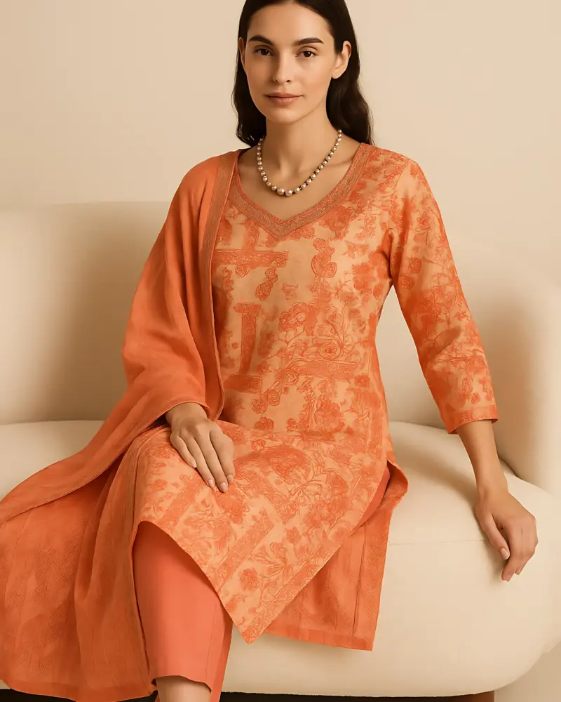 Tomato Color Pure Modal Designer 3 piece Set with Handwork