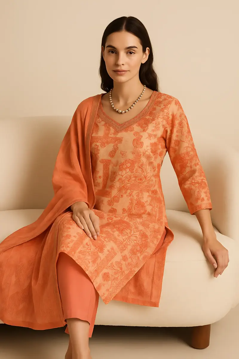 Tomato Color Pure Modal Designer 3 piece Set with Handwork