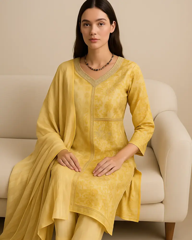Lemon Color Pure Modal Designer 3 piece Set with Handwork