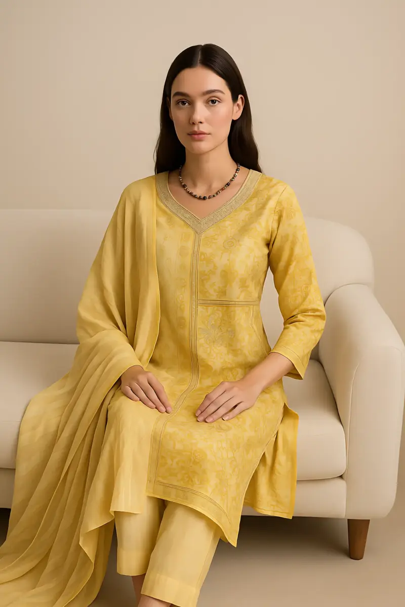 Lemon Color Pure Modal Designer 3 piece Set with Handwork