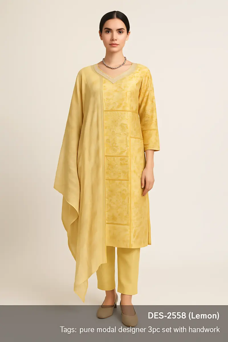 Lemon Color Pure Modal Designer 3 piece Set with Handwork - Image 5