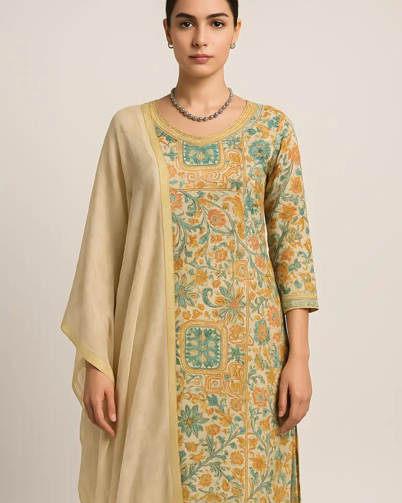 Lemon color Pure Modal 3 piece set print dupatta with handwork