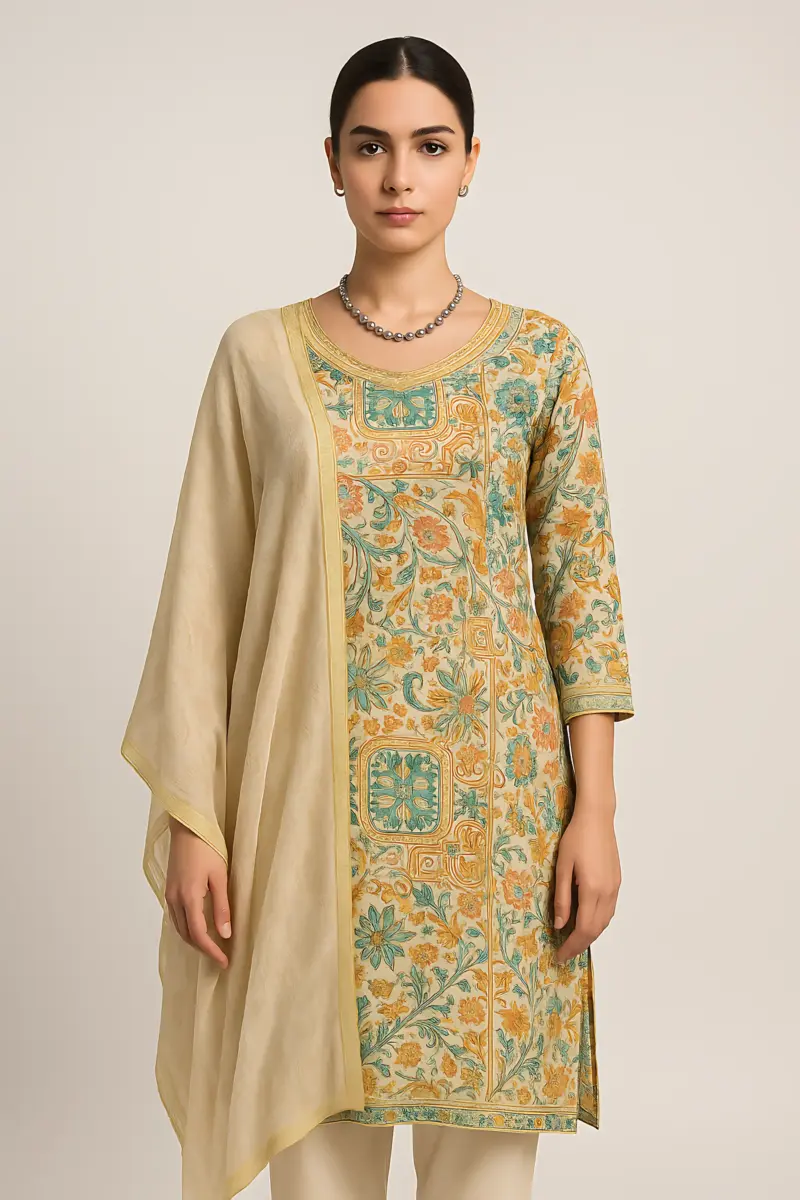 Lemon color Pure Modal 3 piece set print dupatta with handwork