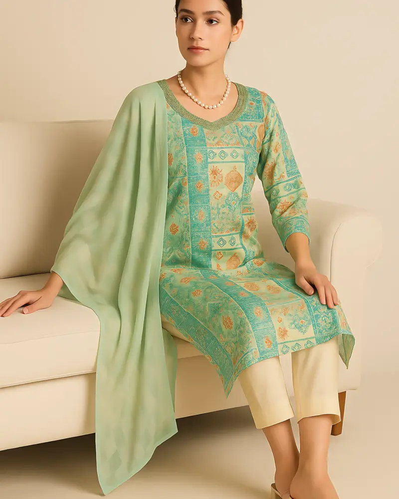 Blue Regular Pure Modal 3 piece set print dupatta with handwork