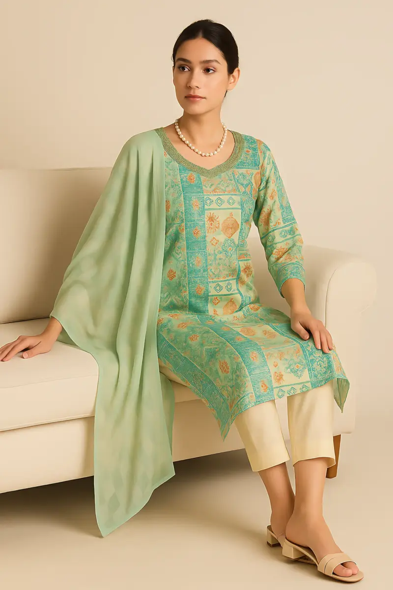 Blue Regular Pure Modal 3 piece set print dupatta with handwork