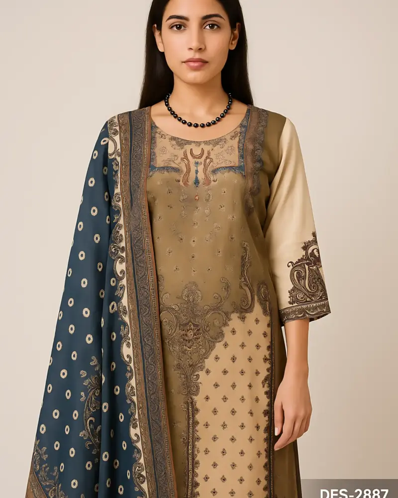 Beige Green Pure Muslin Pakistani Suit 3 piece set