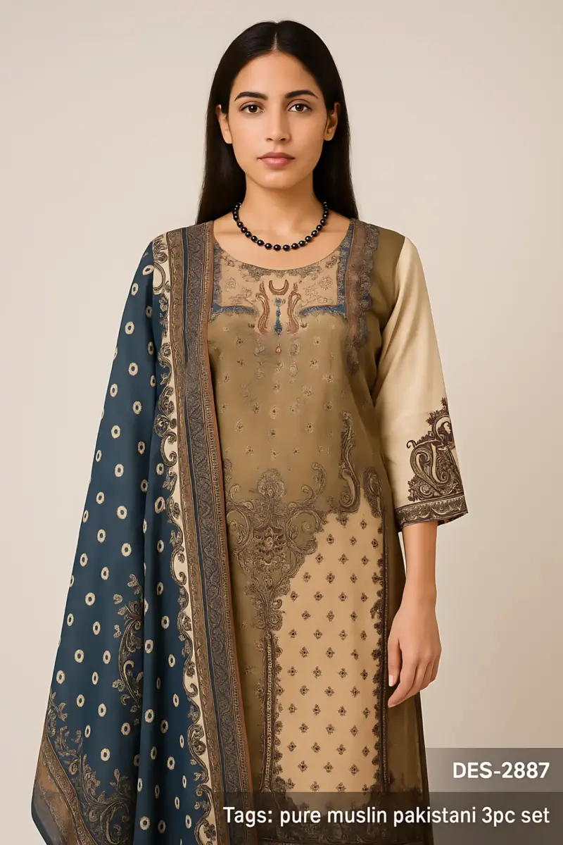 Beige Green Pure Muslin Pakistani Suit 3 piece set