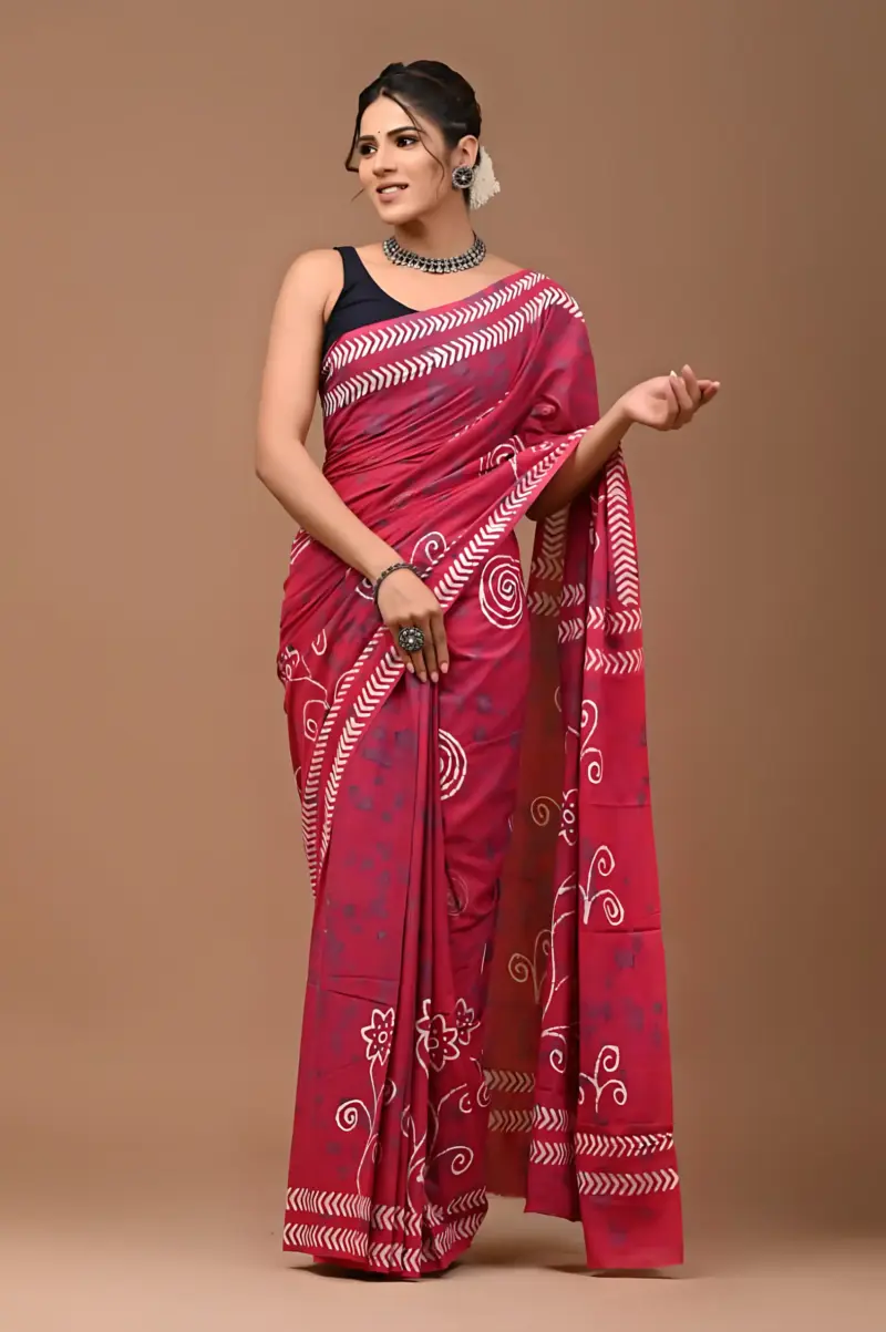Dark pink with light pink block print Cotton Saree