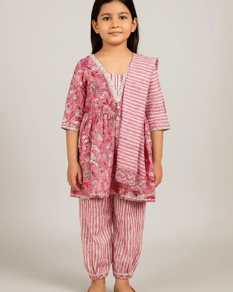 Ethnic wear pure cotton dress as full set for girls Pink