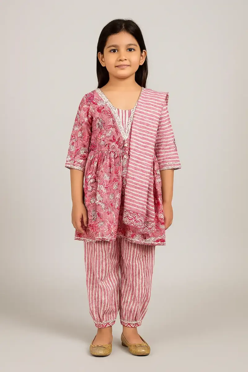 Ethnic wear pure cotton dress as full set for girls Pink