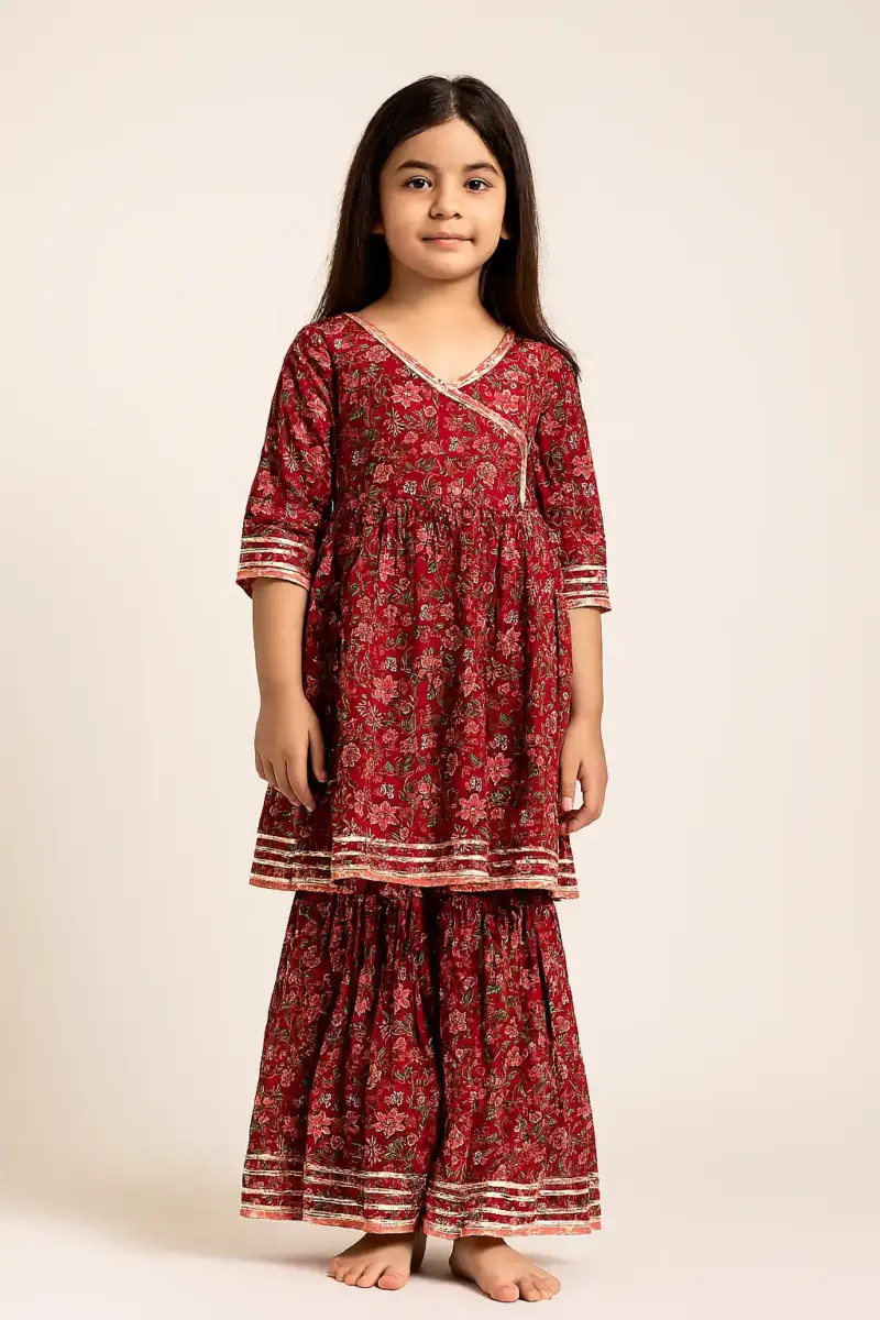 Ethnic wear pure cotton dress as full set for girls Maroon