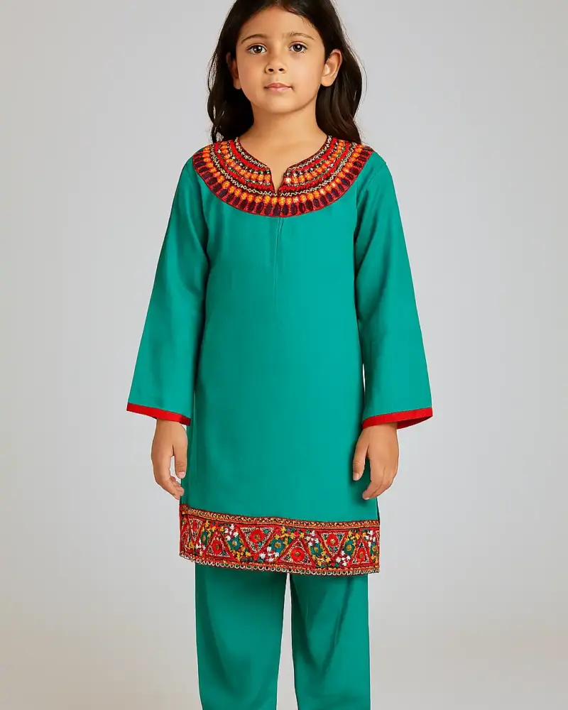 Ethnic wear pure cotton dress as full set for girls Sea Green