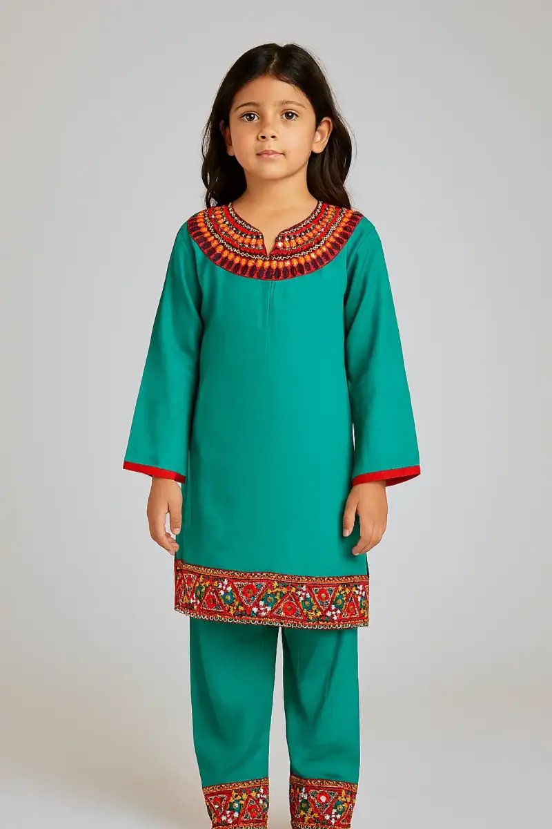 Ethnic wear pure cotton dress as full set for girls Sea Green