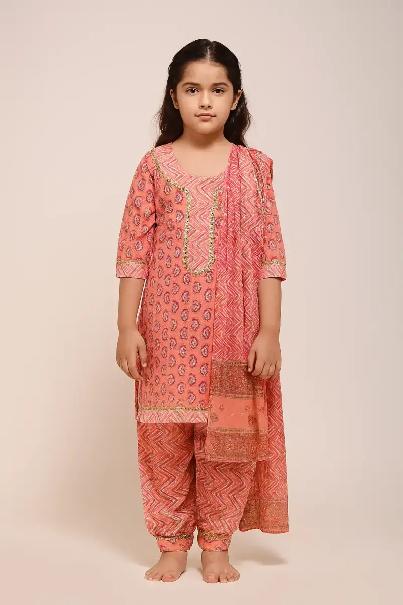 Ethnic wear pure cotton dress as full set for girls Peach