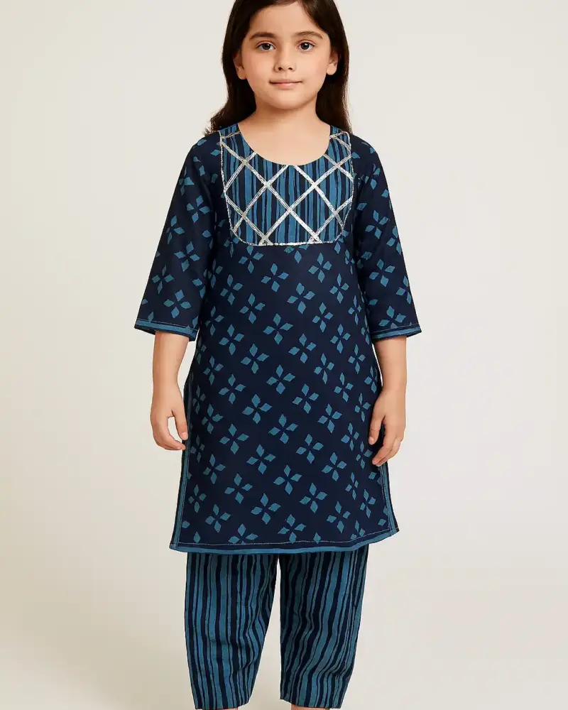 Ethnic wear pure cotton dress as full set for girls Dark Blue