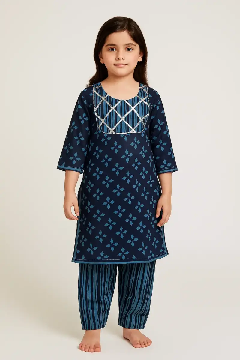 Ethnic wear pure cotton dress as full set for girls Dark Blue