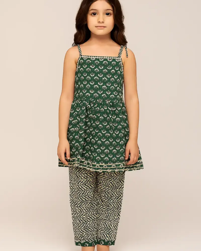 Ethnic wear pure cotton dress as full set for girls Dark Green