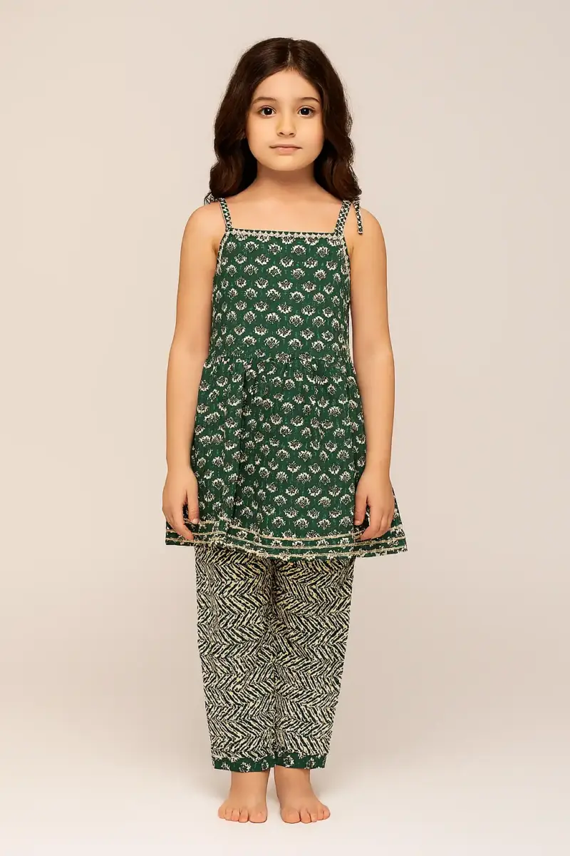 Ethnic wear pure cotton dress as full set for girls Dark Green