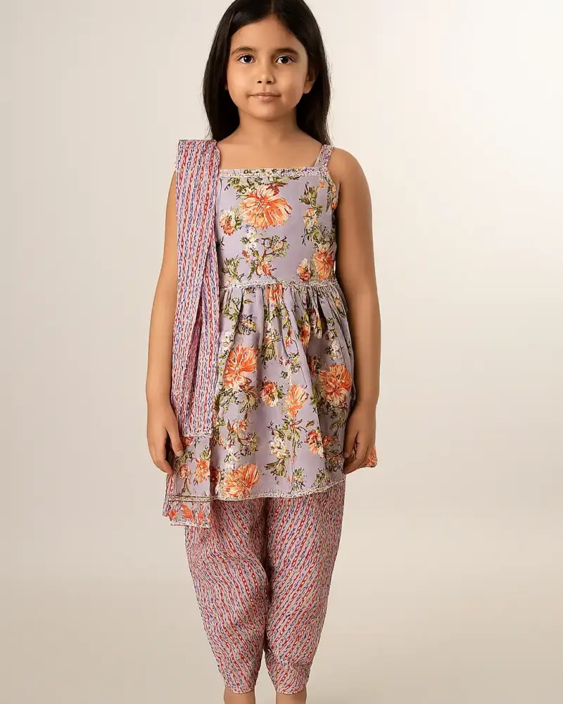 Ethnic wear pure cotton dress as full set for girls Purple